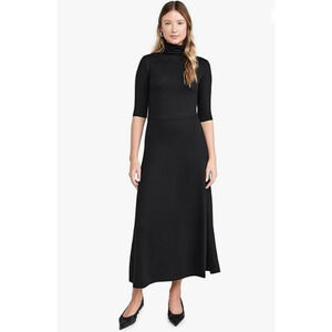 Vince Black Midi Dress Turtle Neck Elbow Sleeve A-Line Stretch S/P Minimalist